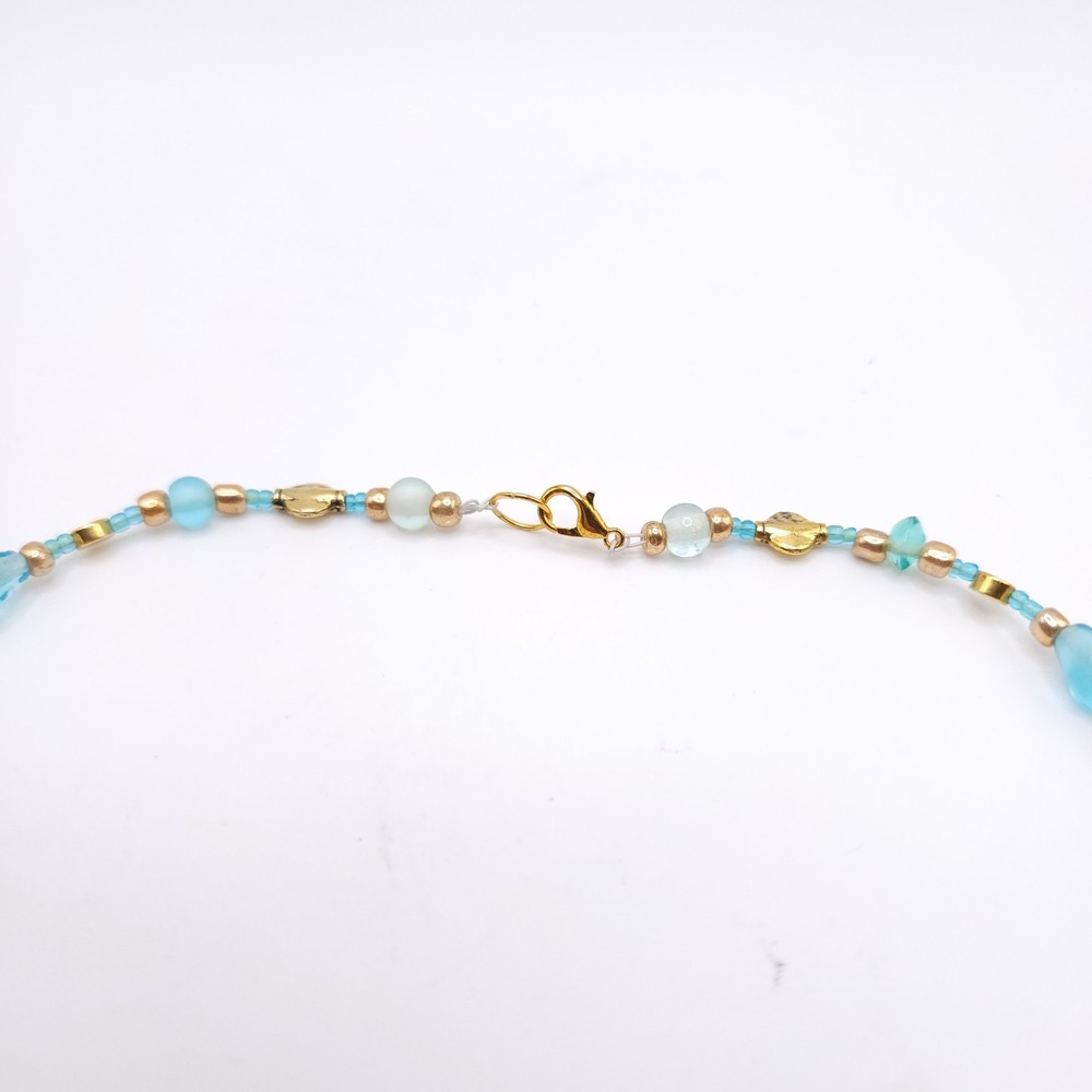 Aqua Beaded Necklace Gold Sunburst Pendant Celestial Statement - Picture 3 of 3